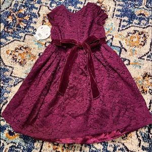 New with tags, girls lace detail dress with velvet tie
